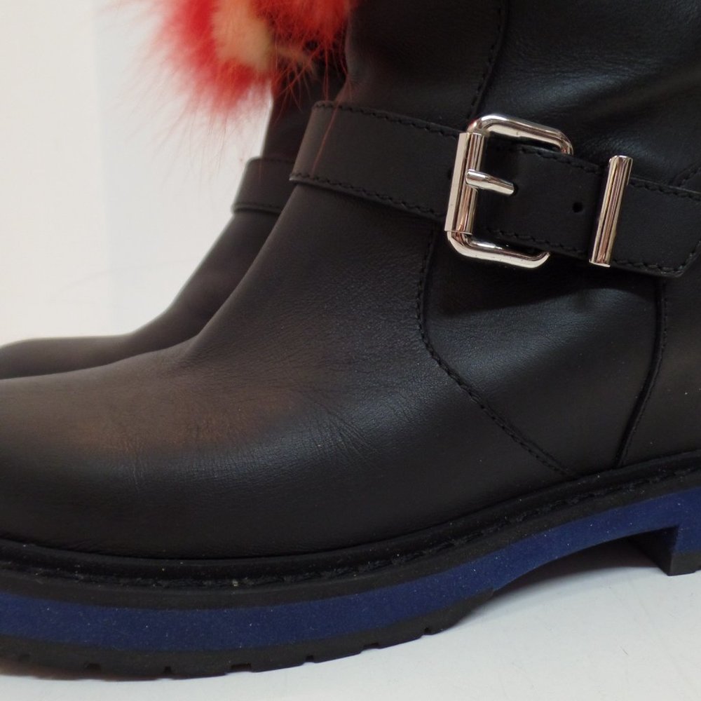 Fendi Caroline Fur Trimmed Buckle Accent Black Leather Boots Sz 39.5 or US Sz 9 - Picture 13 of 16